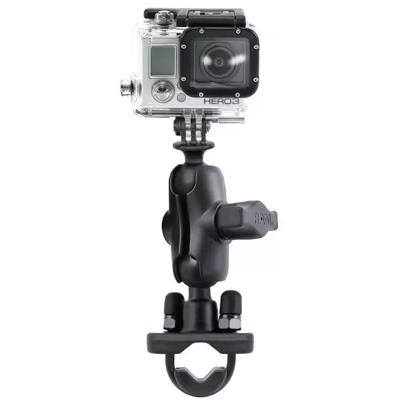 U-bolt and RAM handlebar bracket with short connection arm and universal action camera adapter