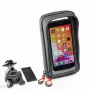 Universal phone holder with compatible fixing kit for handlebars.